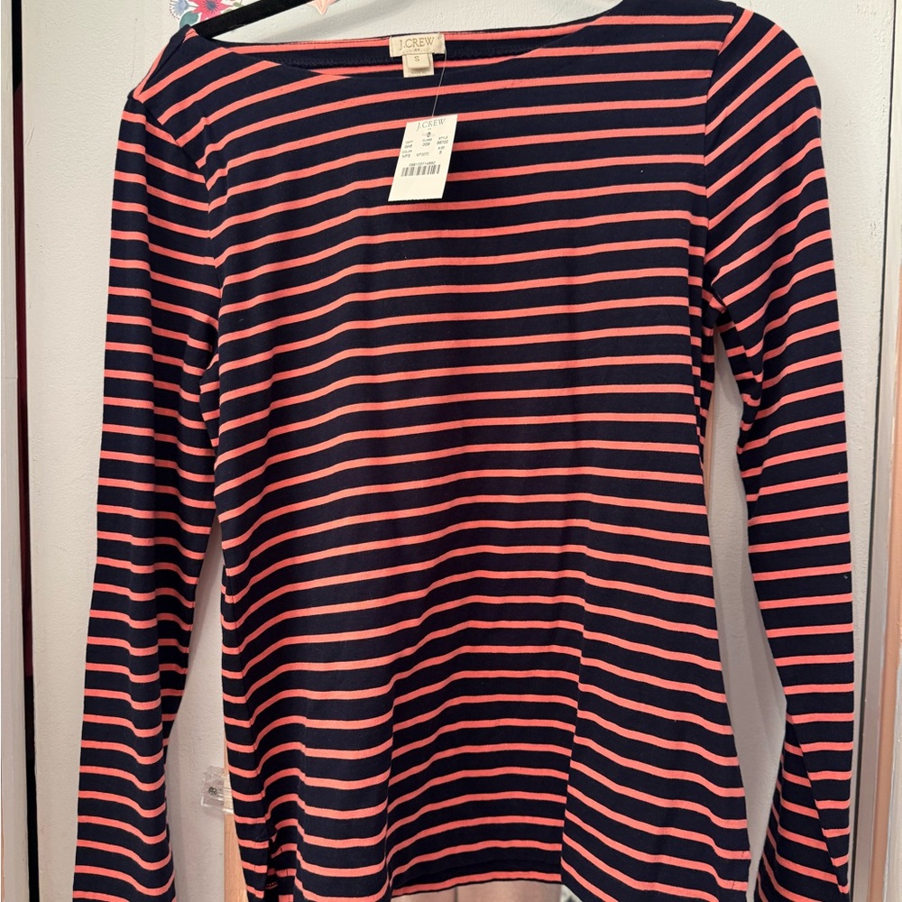 J. Crew Women's Navy and Pink Striped Long Sleeve Top